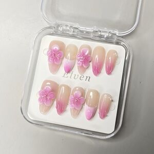 Pink Floral Almond Shape Handmade Press-On Nails